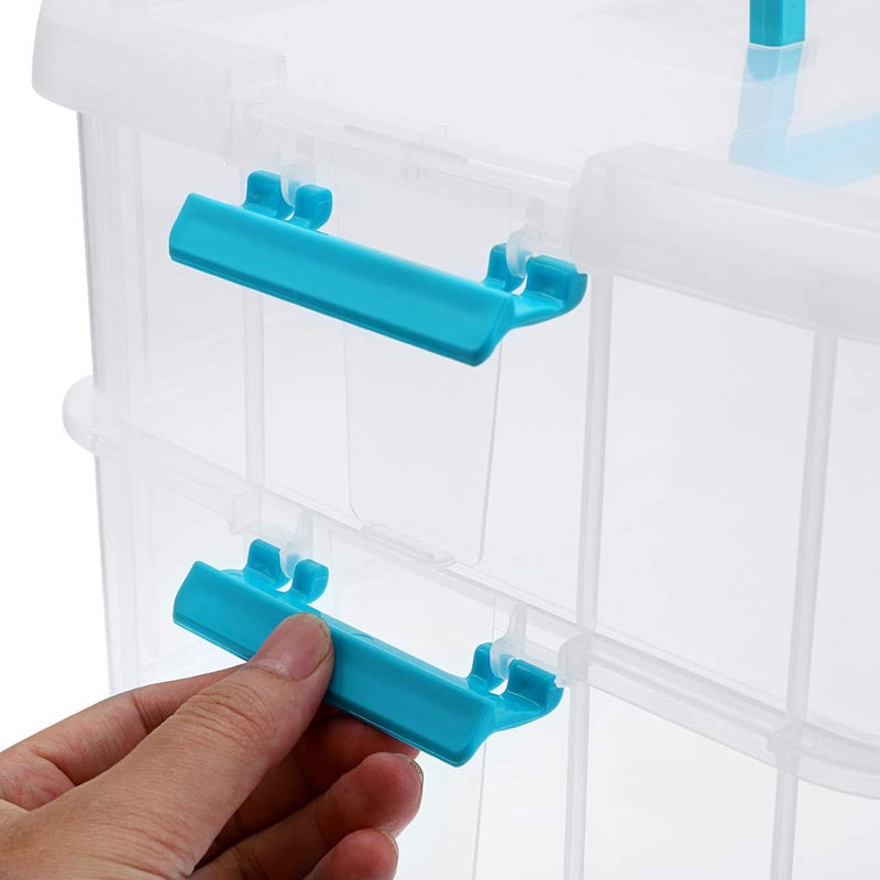 JUXYES 2-Tiers Stack Carry Storage Box With Handle, Transparent Stackable Storage Bin With Handle Lid Latching Storage Container for School & Office Supplies (Blue) - Image 5